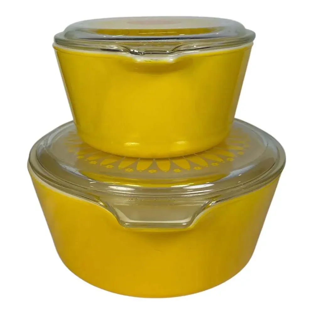 Vintage Pyrex Yellow Sunflower Daisy 475 473 Casserole Dish w/ Lids 2.5 Qt 1 Qt